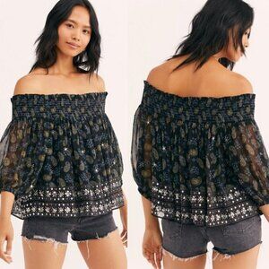 Free People Age Of Aquarius Smocked Off The Shoulder Sequin Paisley Top Small